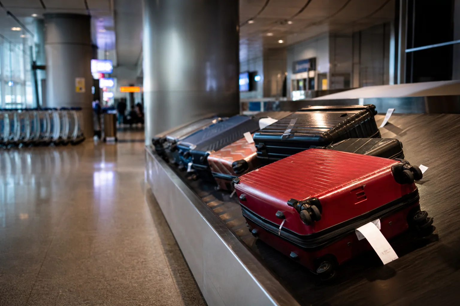 Valises solitaires sur un tapis de livraison de bagages dans un hall d'aéroport, lumière feutrée