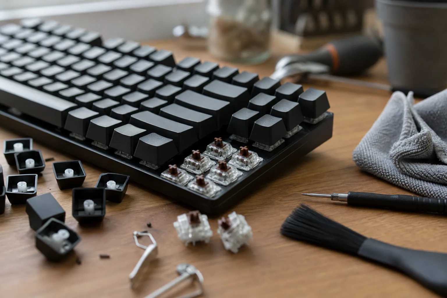 Clavier mécanique gamer rétroéclairé posé sur un bureau, touches démontées à côté, lumière tamisée