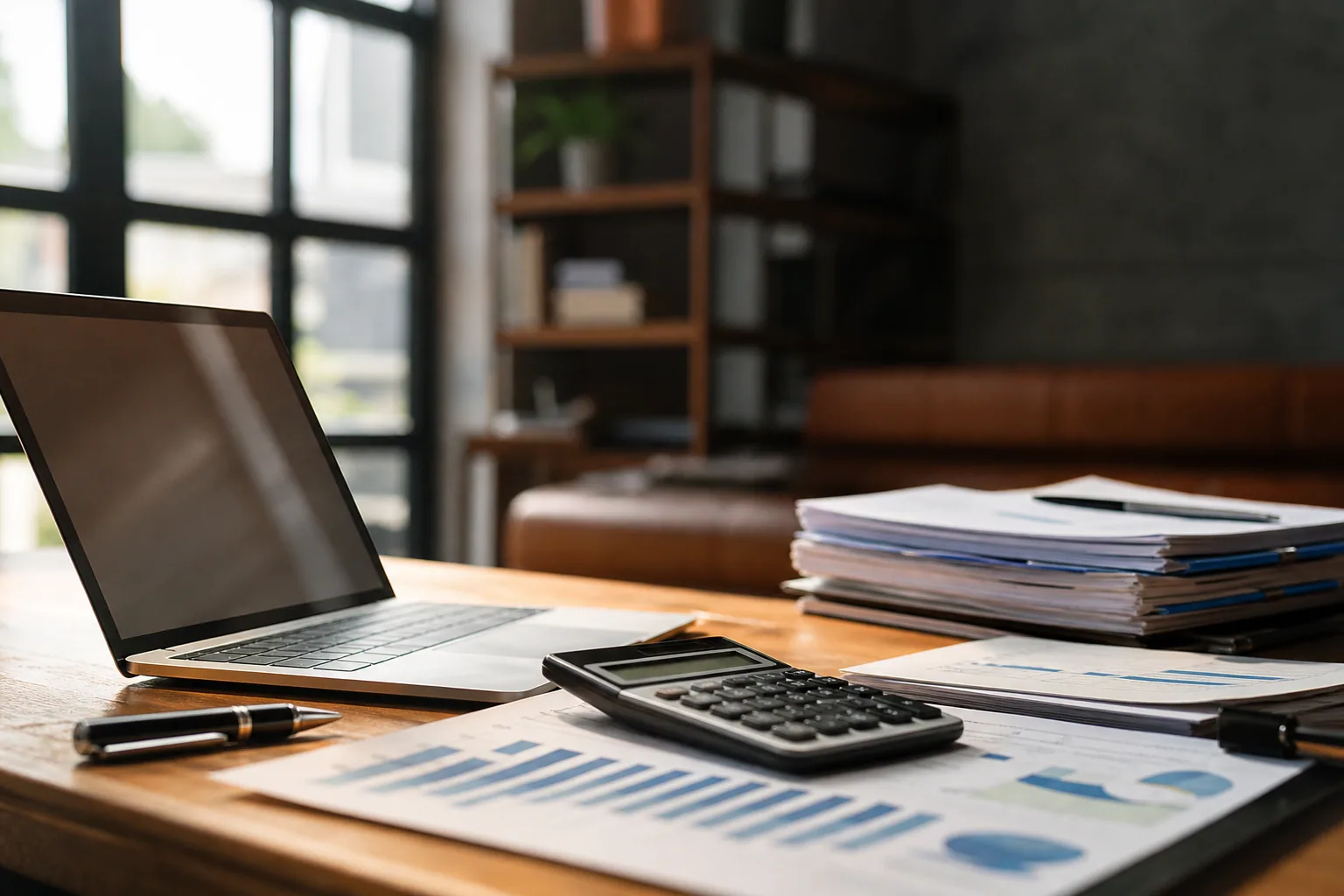 Relevé bancaire professionnel posé sur un bureau à côté d'une calculatrice, ambiance sobre, lumière naturelle