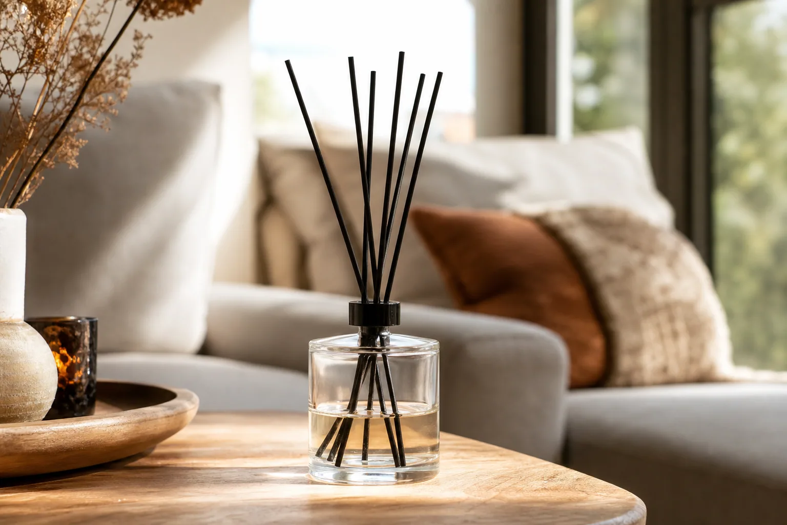 Diffuseur de parfum d'intérieur avec bâtonnets en bois sur une console d'entrée, lumière naturelle douce