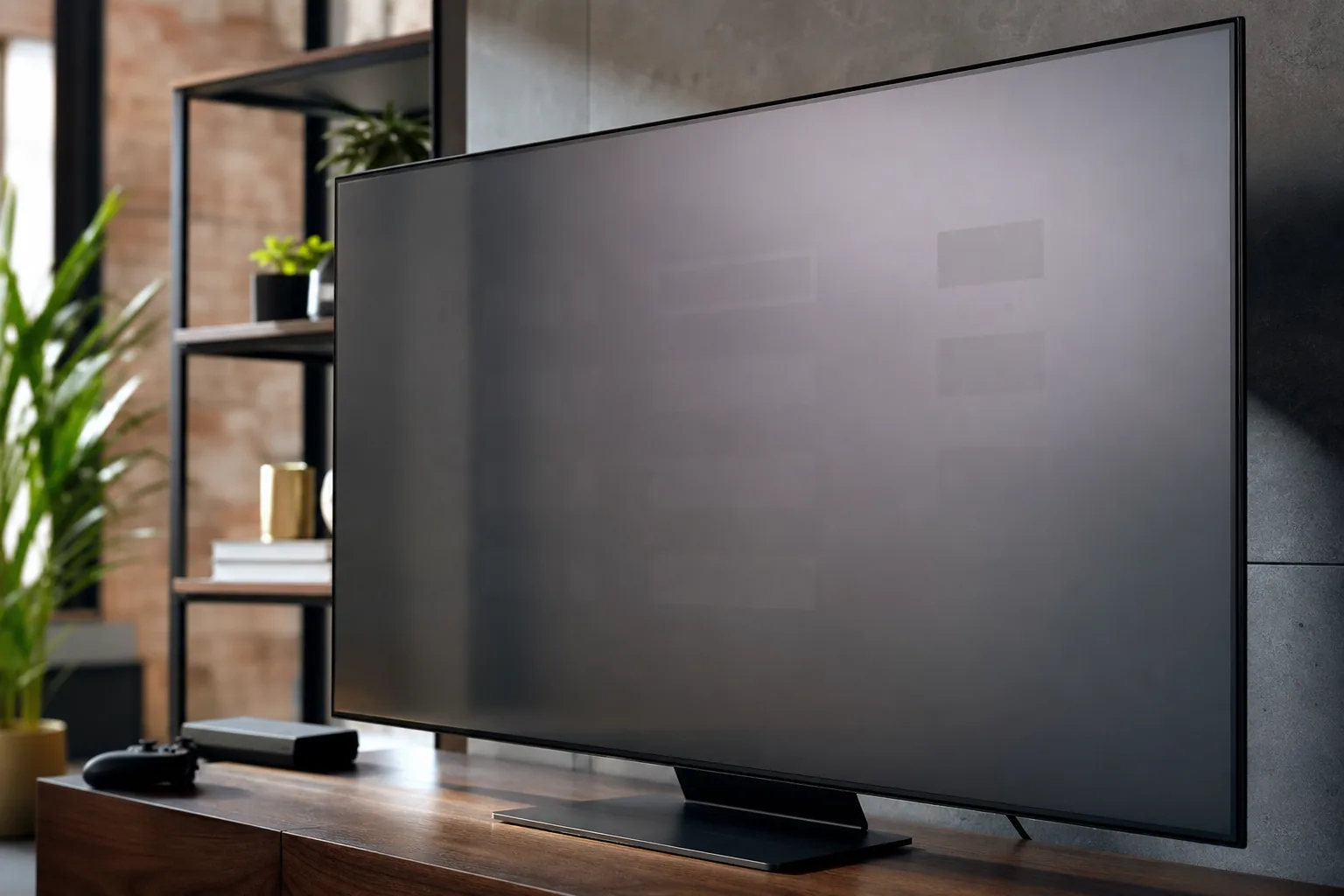 Téléviseur OLED allumé dans un salon sombre, lumière de l'écran diffusant sur les murs