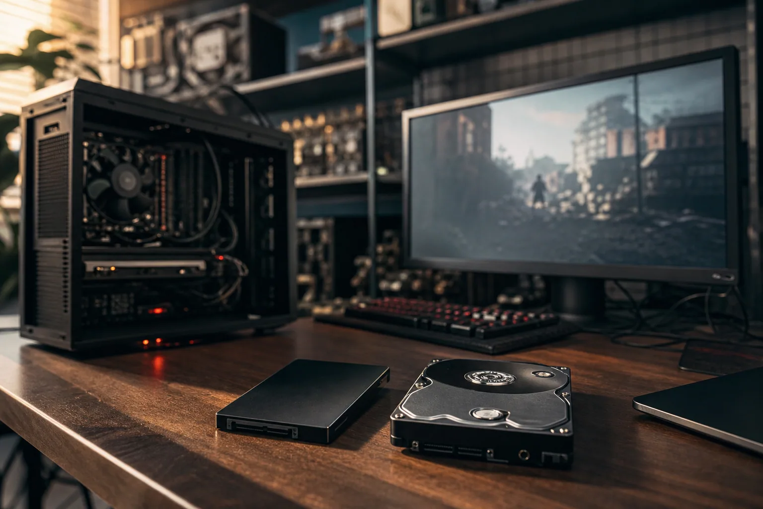 SSD ouvert posé sur un bureau gamer, écran d'ordinateur flou en arrière-plan avec écran de chargement