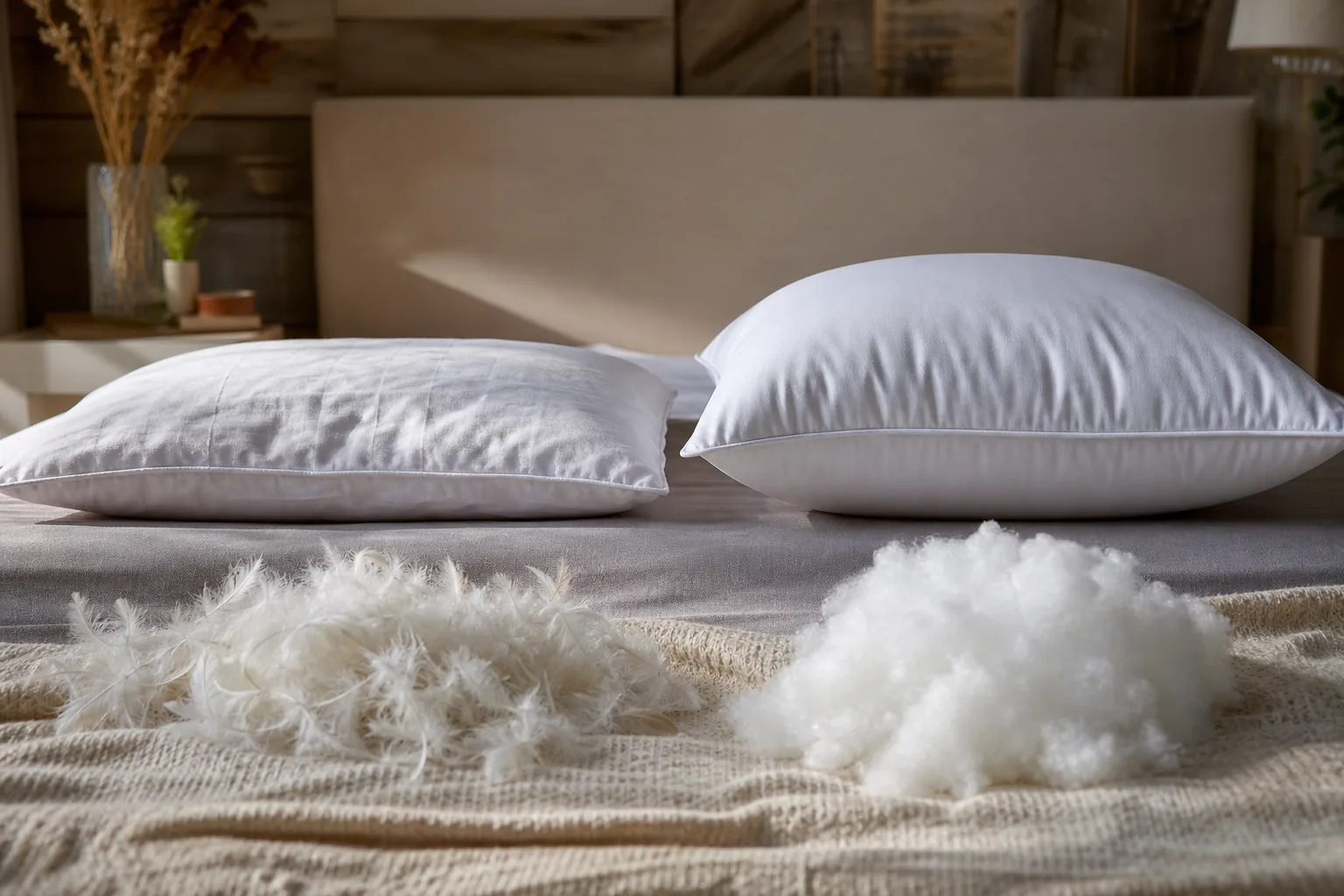 Oreiller en plumes moelleux posé sur un lit défait, lumière naturelle douce du matin