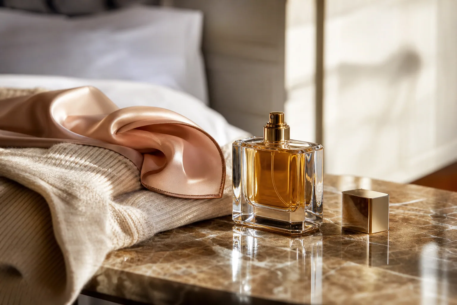 Flacon de parfum posé sur une coiffeuse en bois clair, lumière naturelle douce, ambiance élégante