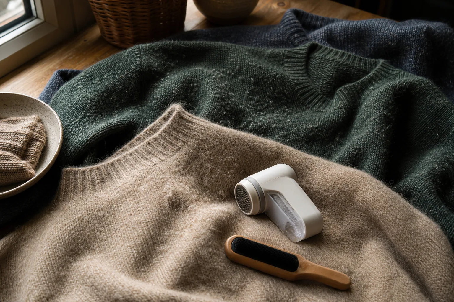 Gros plan sur la maille d'un pull en laine avec quelques bouloches visibles, lumière naturelle