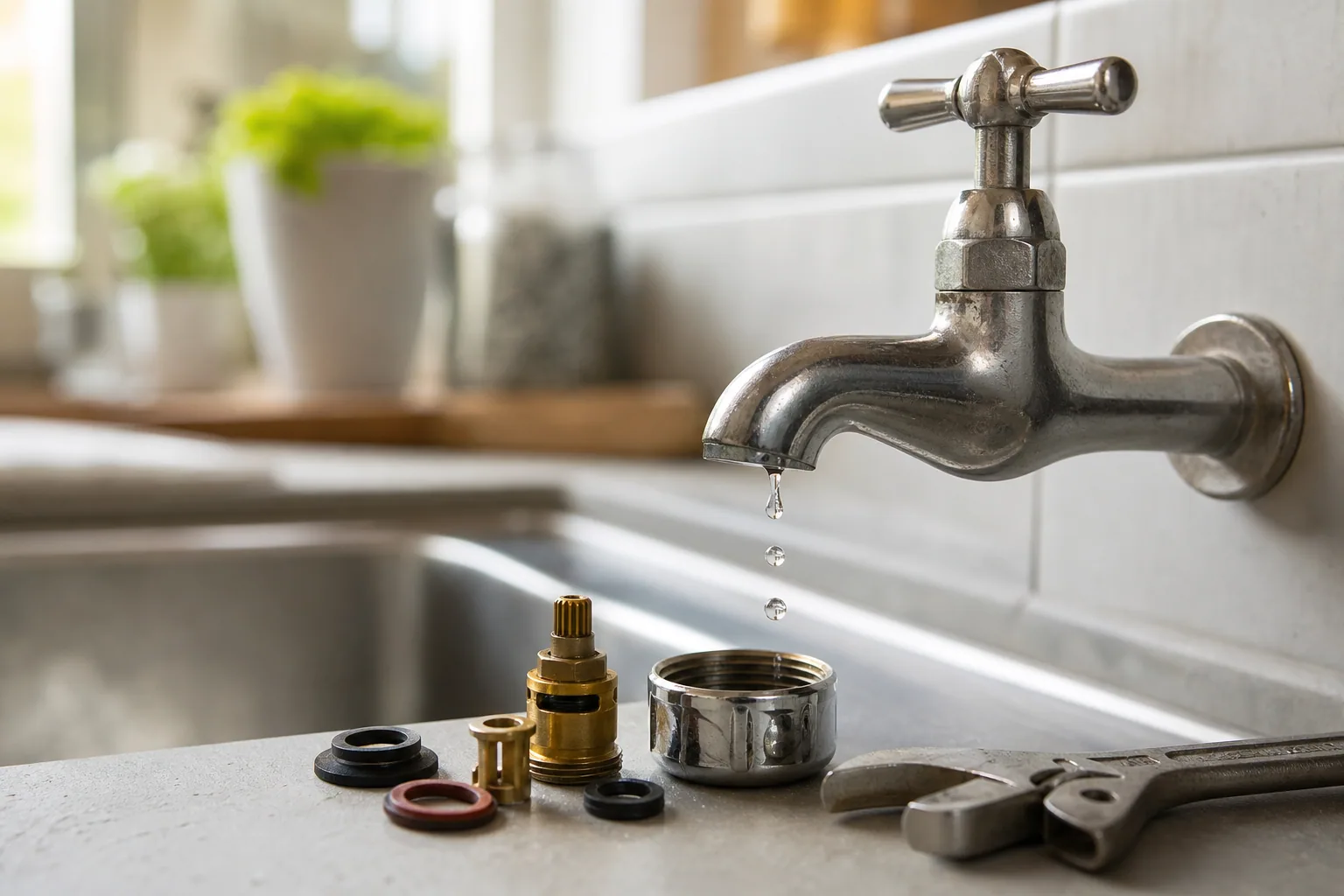 Gros plan sur un robinet de cuisine qui goutte au-dessus d'un évier, avec des outils de plomberie posés à côté
