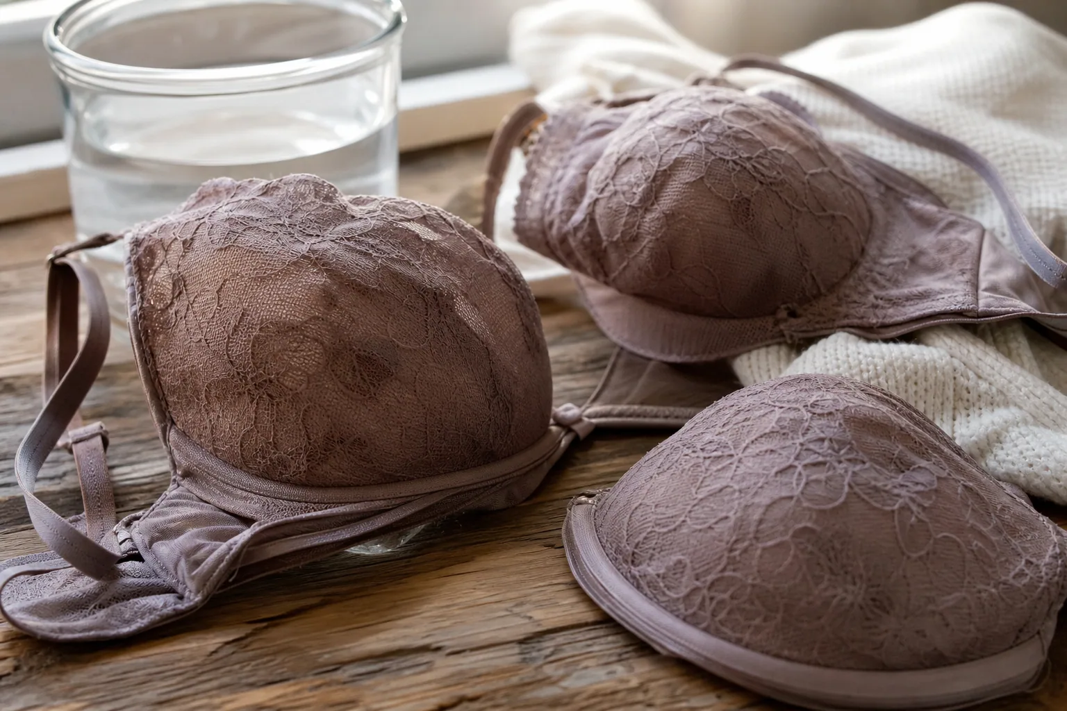 Sous-vêtements délicats posés sur une étagère en bois avec du linge propre plié, lumière naturelle douce