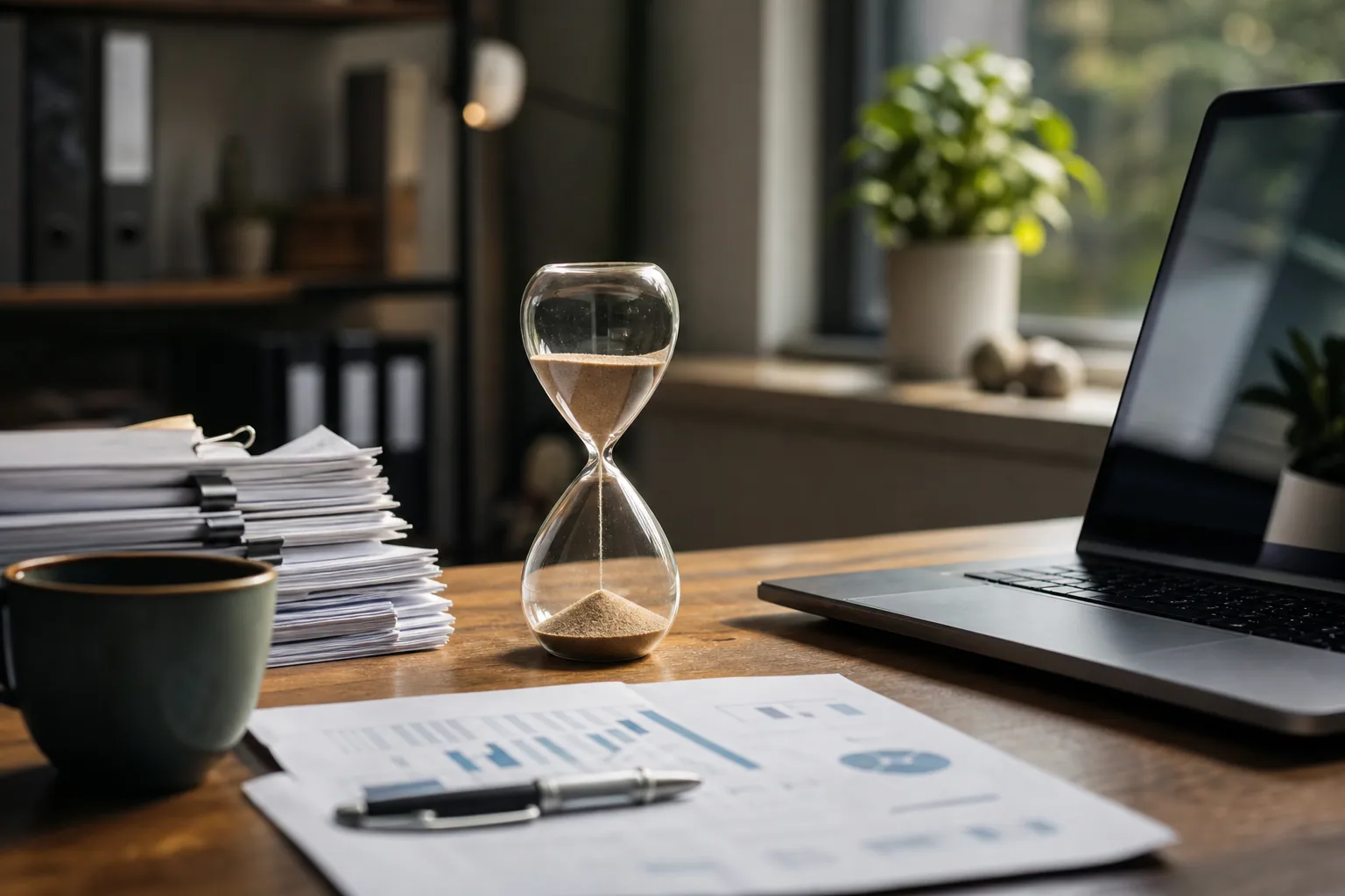 Sablier posé sur un bureau en bois entre un ordinateur portable, des documents et une pile de dossiers