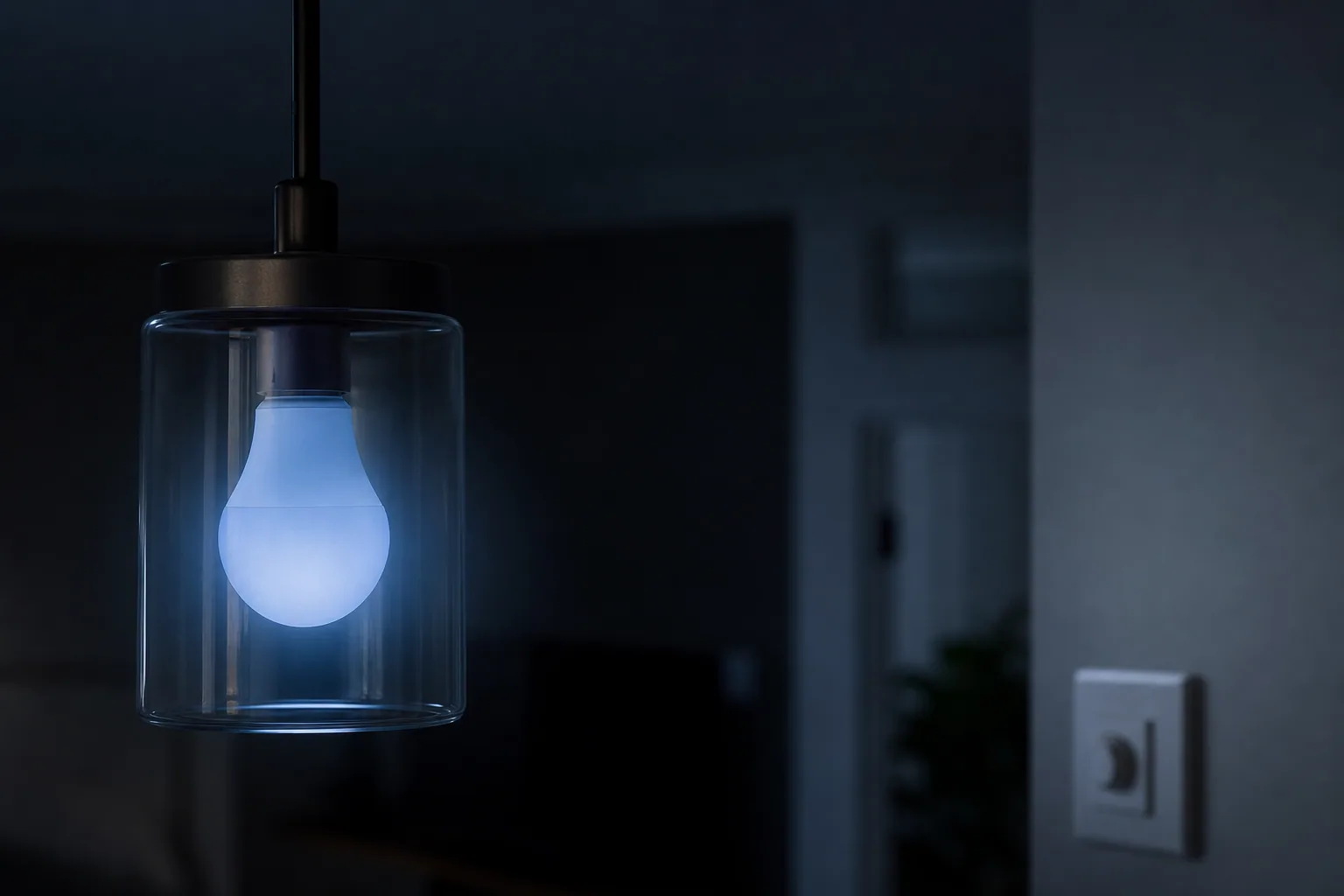 Ampoule LED émettant une lueur très faible dans une pièce sombre, interrupteur mural visible