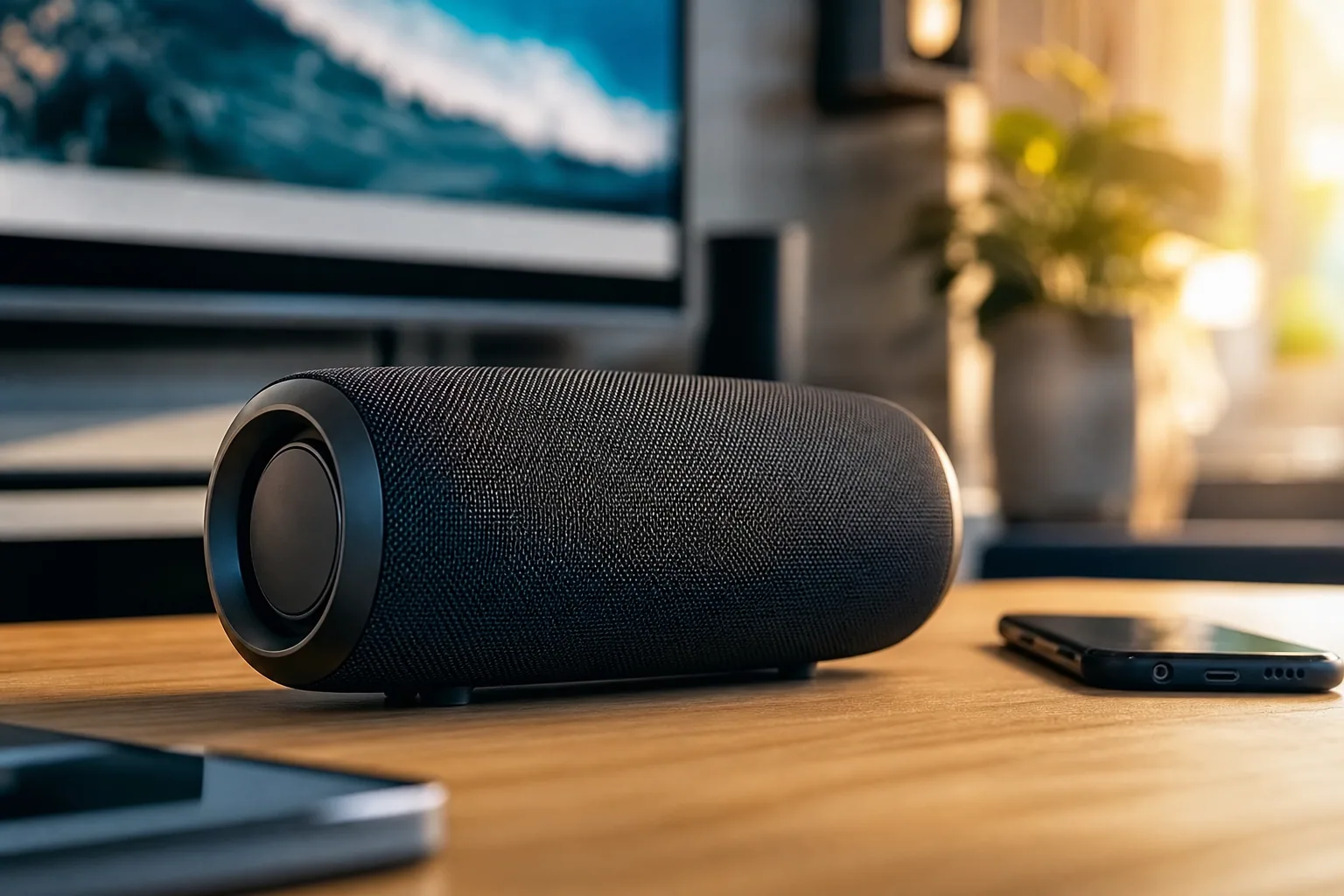 Enceinte Bluetooth portable posée sur une table extérieure, ambiance décontractée, lumière naturelle
