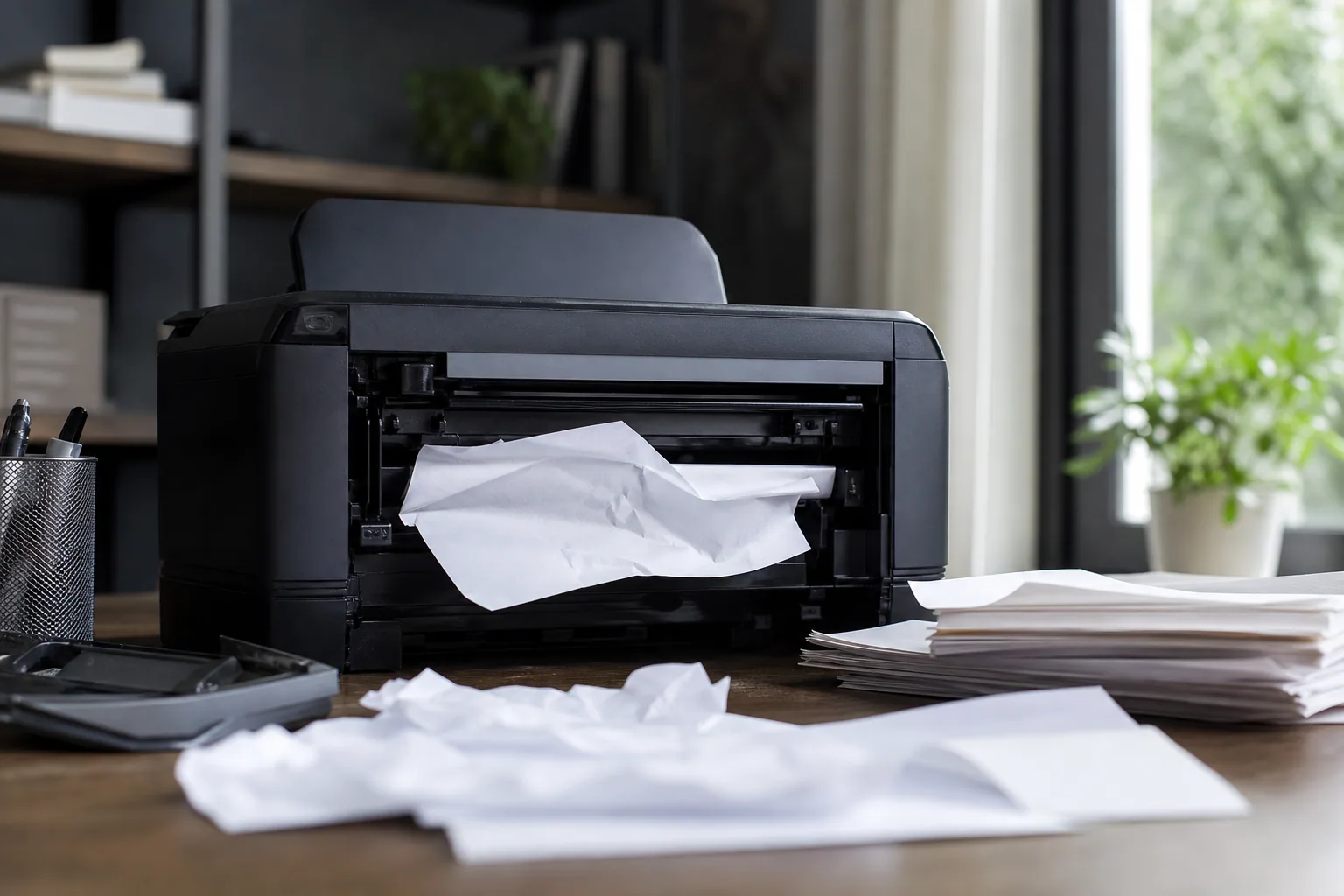 Imprimante de bureau ouverte avec une feuille de papier engagée dans le mécanisme, lumière de bureau naturelle