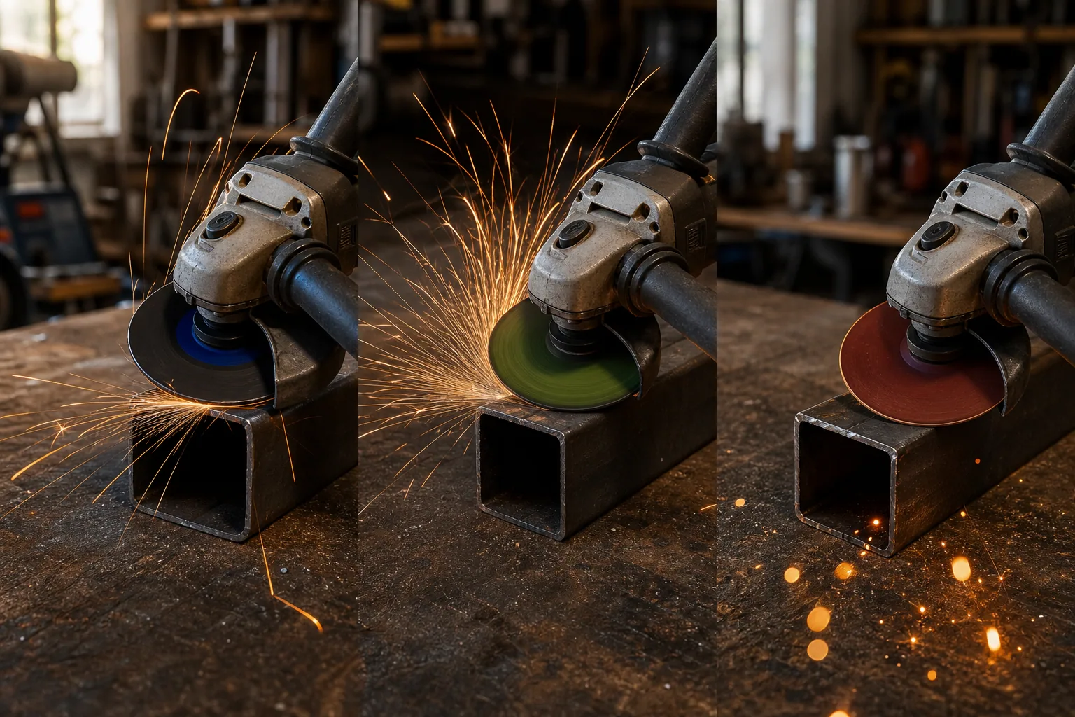 Meuleuse d'angle en action sur une pièce métallique dans un atelier, gerbe d'étincelles visible