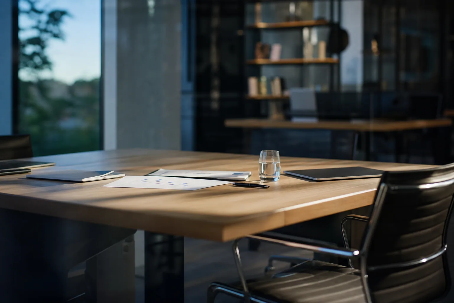 Deux personnes en costume discutant autour d'une table de bureau avec des documents et un ordinateur portable