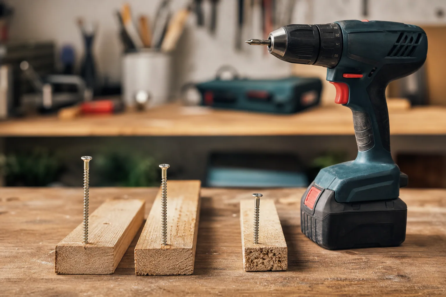Perceuse-visseuse sans fil posée sur un établi en bois avec sa batterie amovible, atelier lumineux