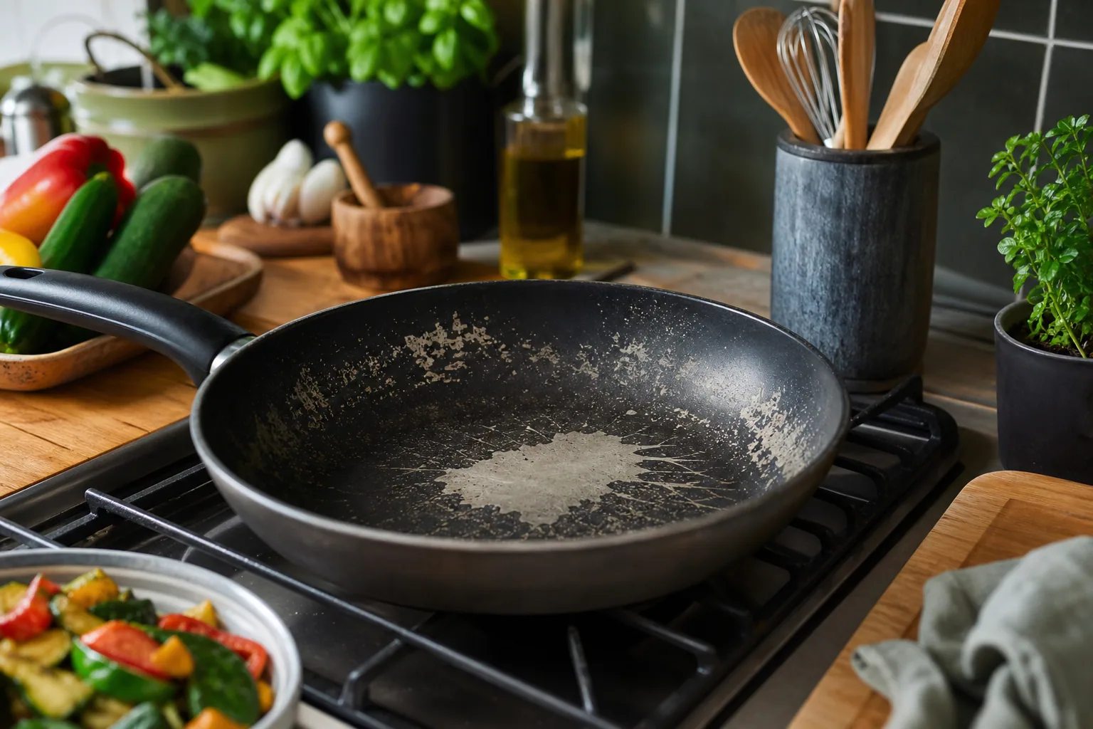 Poêle antiadhésive posée sur une cuisinière, gros plan sur le revêtement noir