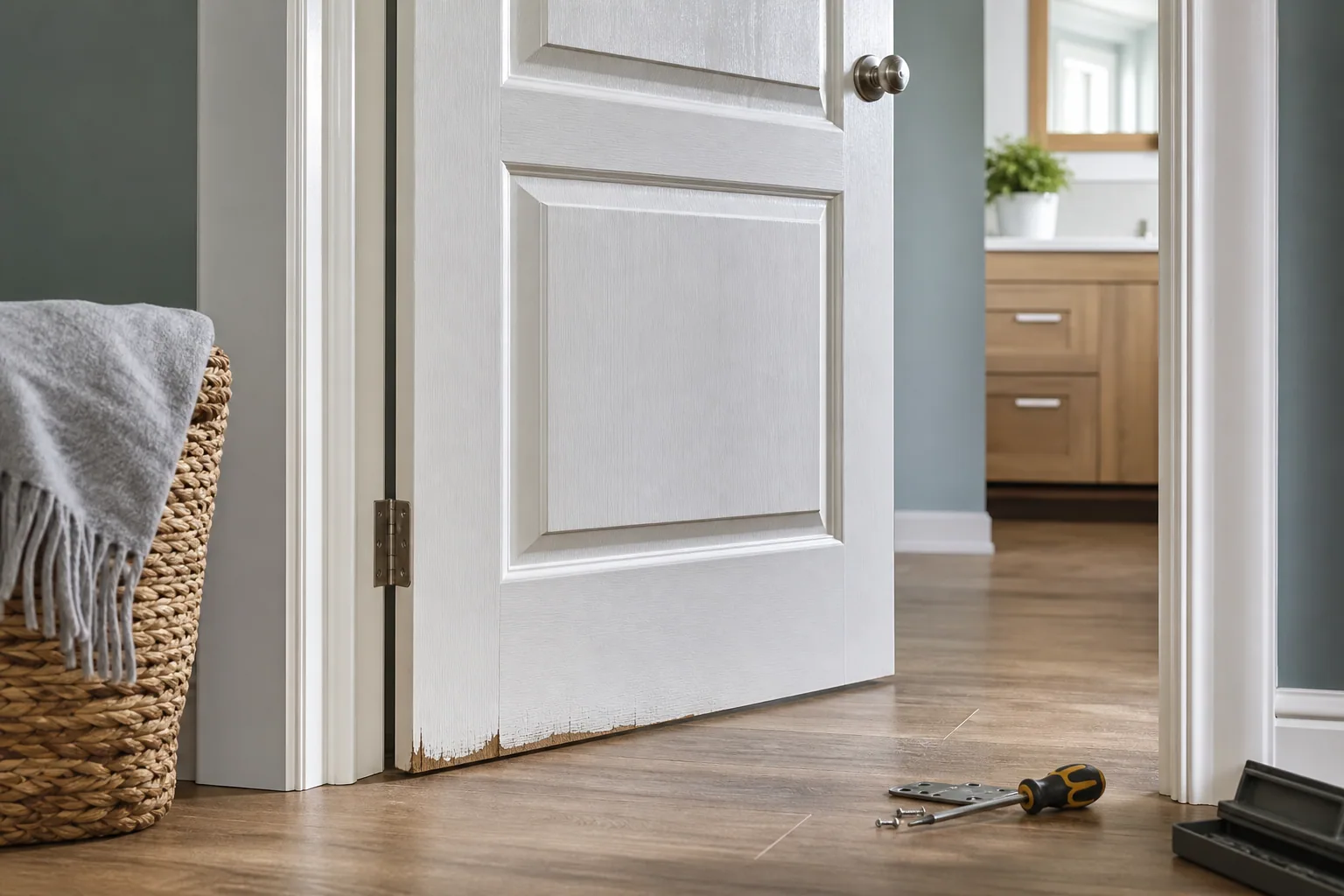Porte intérieure blanche entrouverte dans un couloir clair, paumelles et bas du vantail visibles
