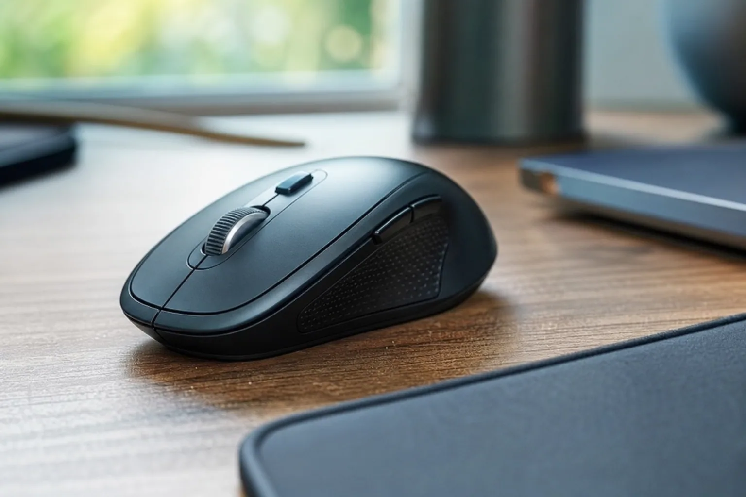 Souris sans fil posée sur un tapis de souris à côté d'un ordinateur portable, bureau lumineux