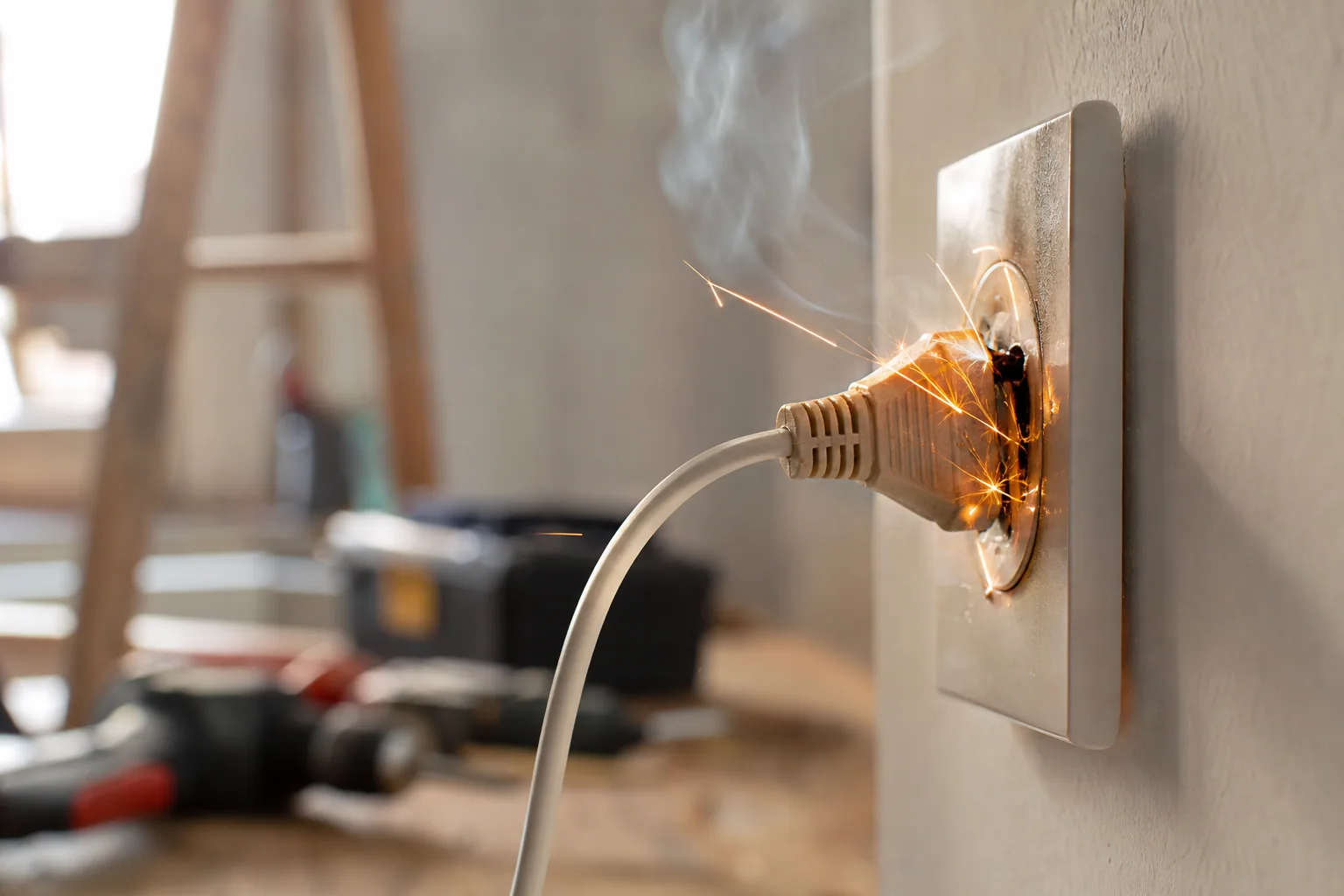 Gros plan sur une prise électrique murale, câble d’alimentation partiellement branché