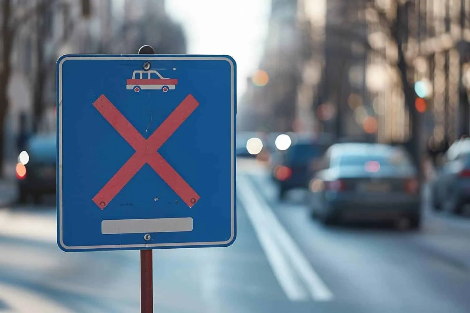 Quel est le symbole du panneau carré bleu avec une voiture barrée?